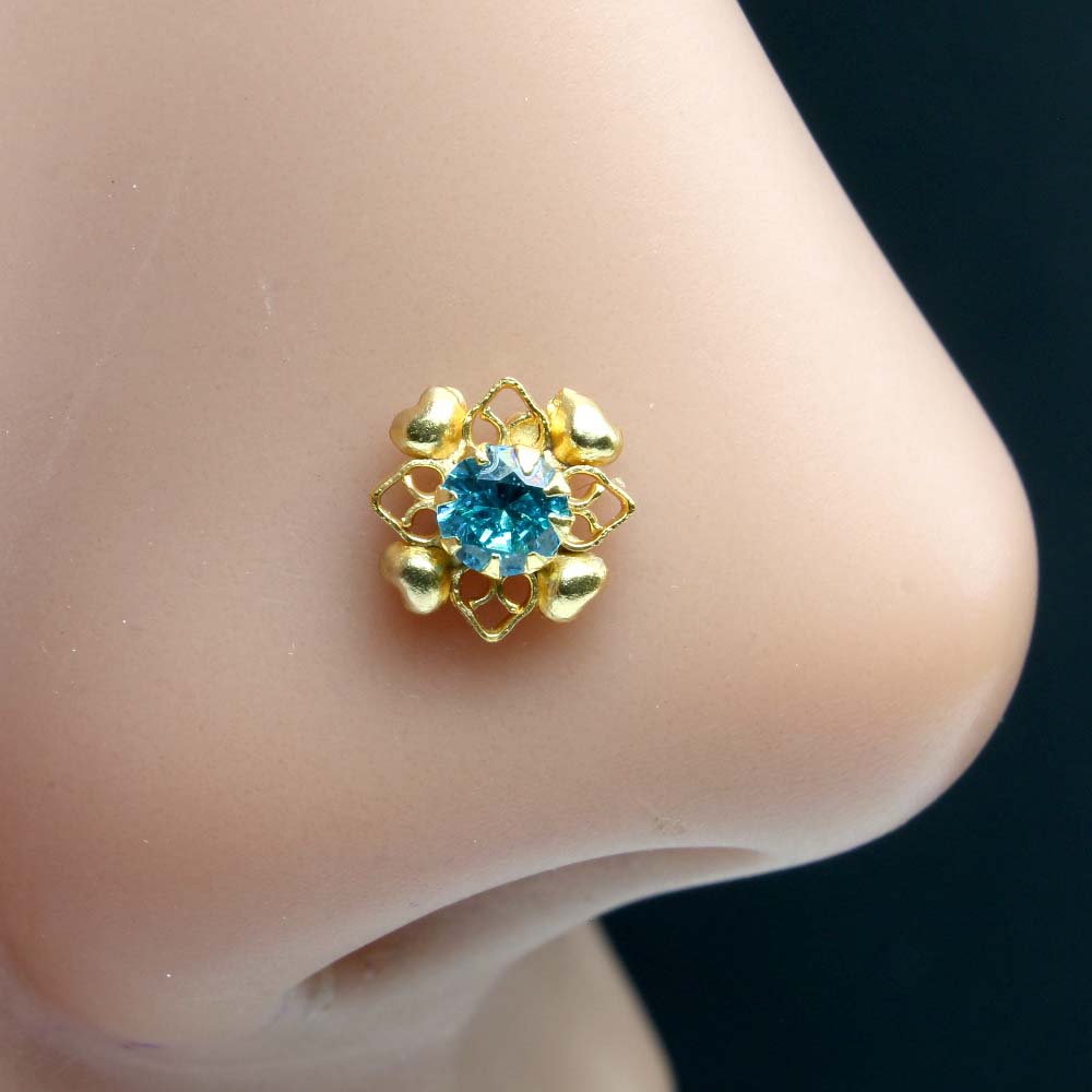 Traditional Asian Gold Plated Nose Stud Blue CZ Corkscrew nose ring 20g