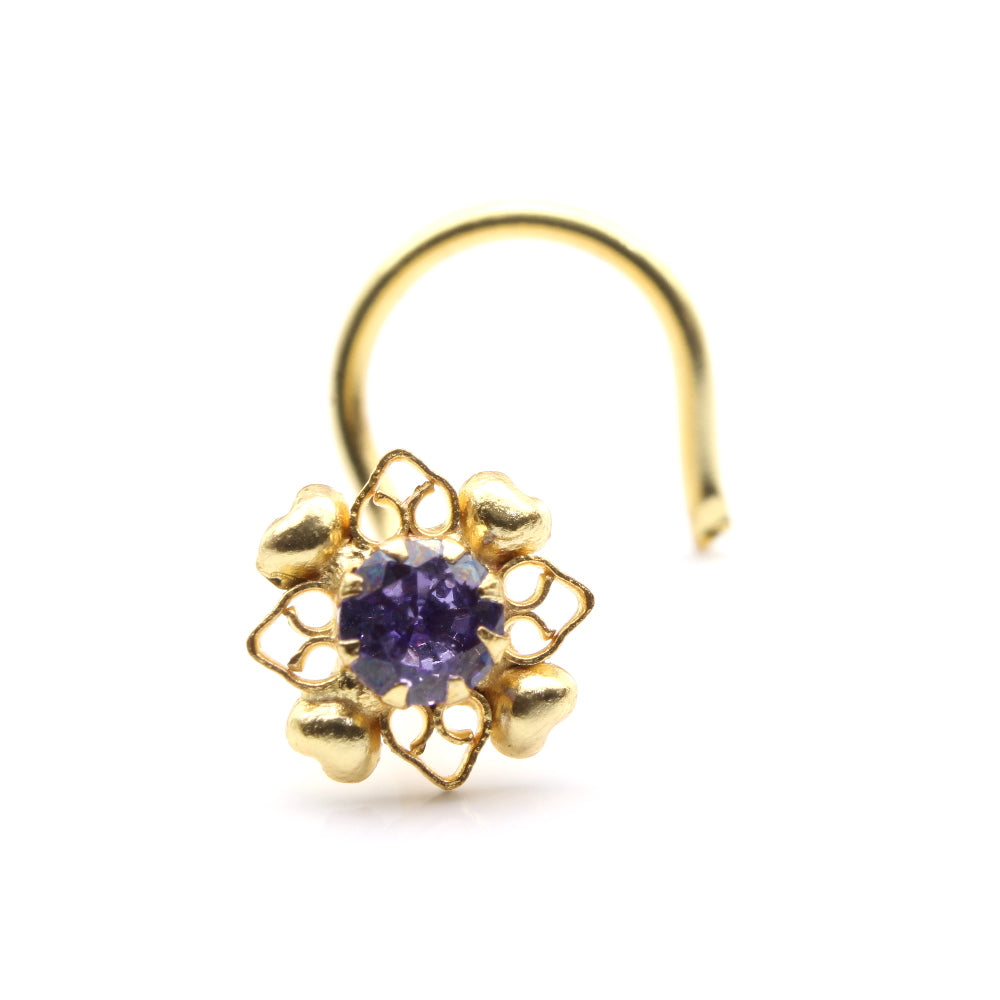 Ethnic Floral  Indian Gold Plated Nose Stud Violet CZ Twisted nose ring 20g