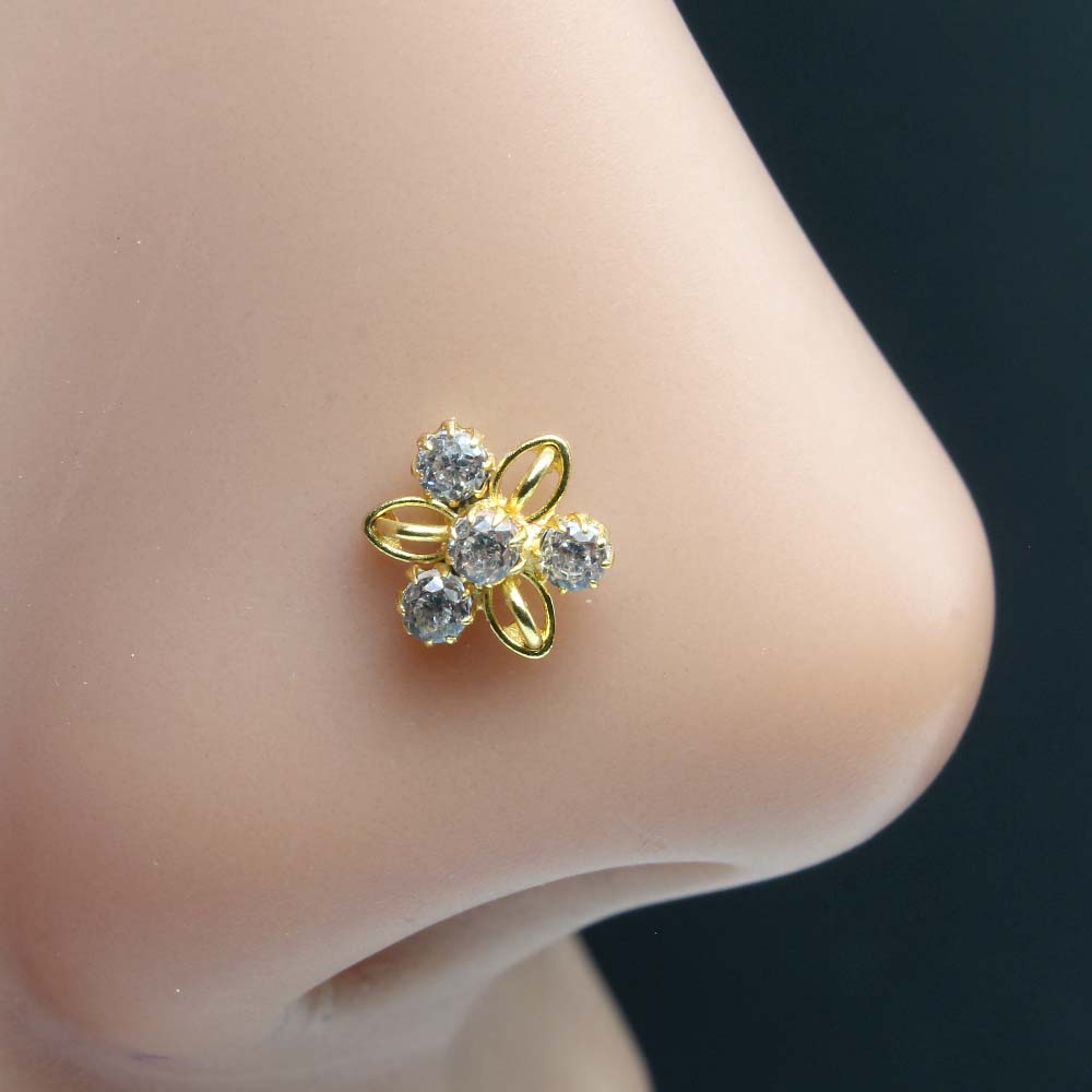 Tiny Floral Indian Gold Plated Nose Stud White CZ Twisted nose ring 20g