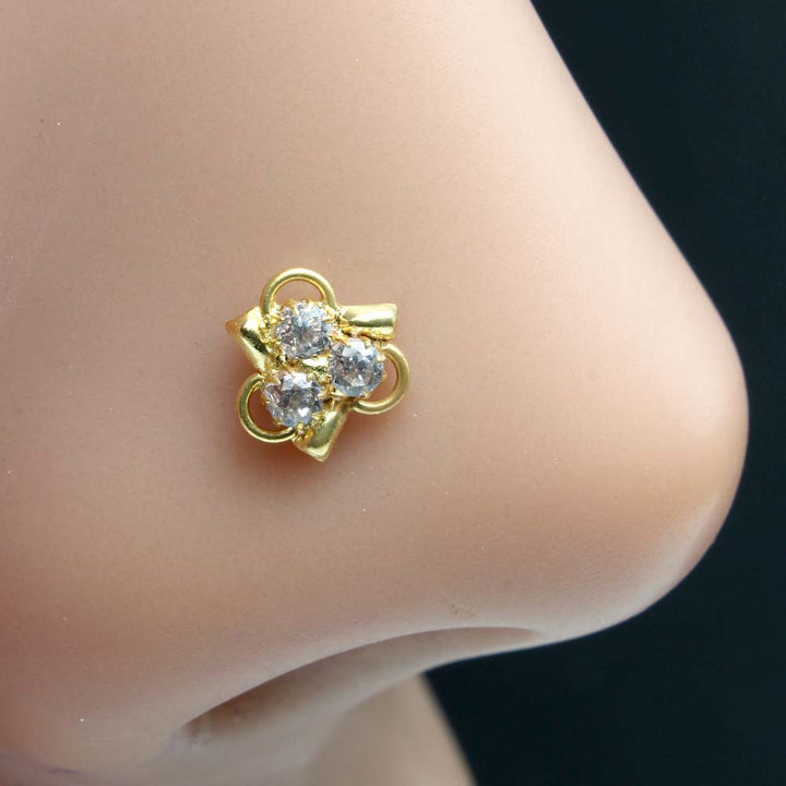 Cute Floral Indian Gold Plated Nose Stud White CZ Twisted nose ring 20g