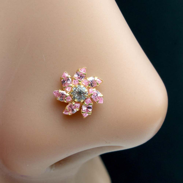 Indian Flower Style Gold Plated Nose Stud Pink White CZ Twisted nose ring 20g