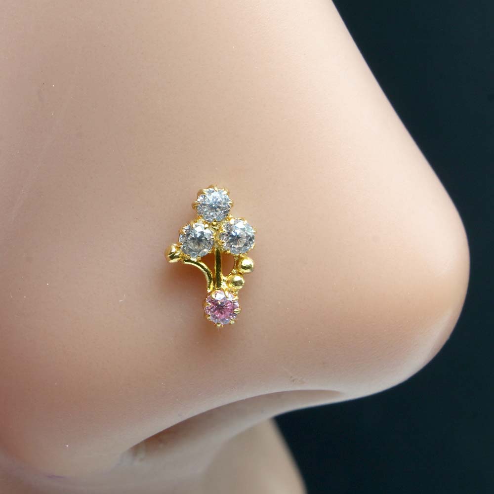 Cute Indian Gold Plated Nose Stud Pink White CZ Twisted nose ring 20g