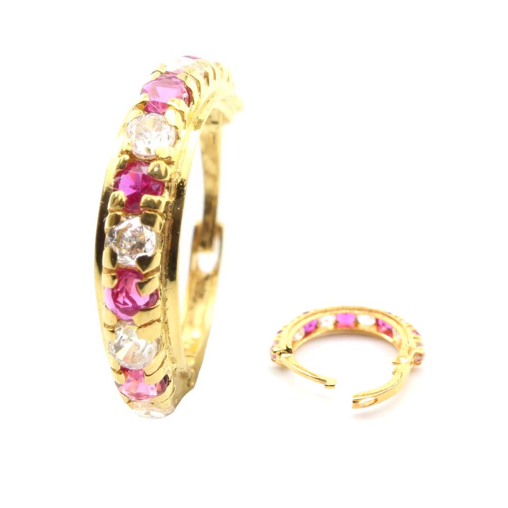 Cute 18K Real Gold Nose rings Indian Pink White CZ Nose Hoop Ring