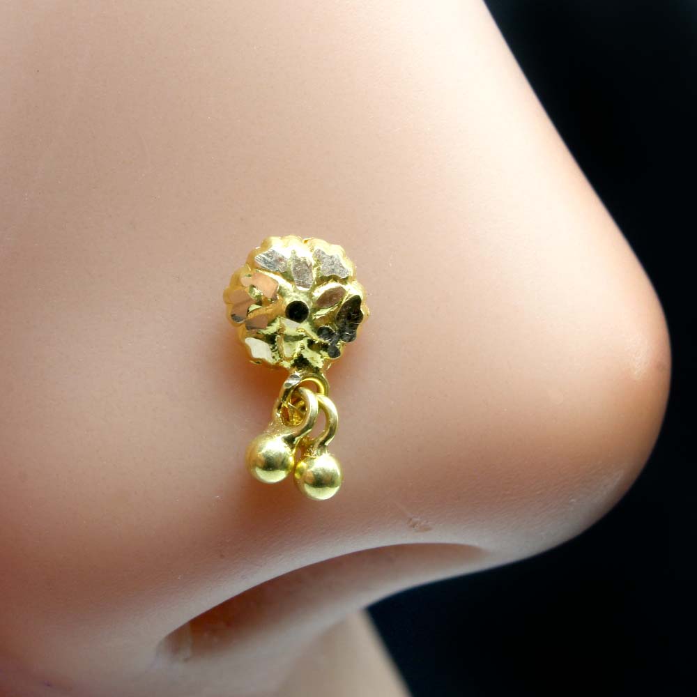 Ethnic Flower Style14k Real Gold Dangle Women Nose Stud Push Pin