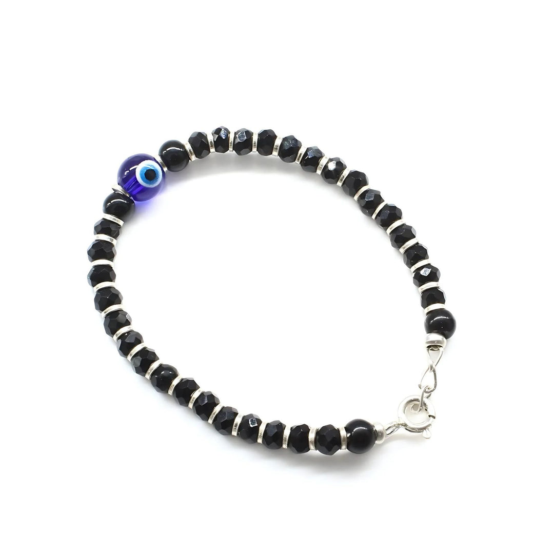 Real Silver Nazariya with Evil Eye Black Blue Eye Baby Bracelet 5.2"
