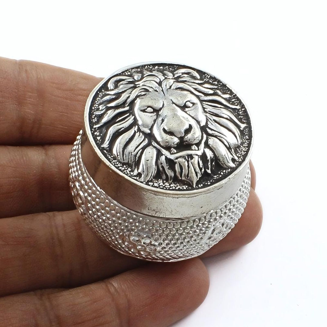 Real Silver Honey Container Oxidized Lion face Dibbi for Red Book Remedy
