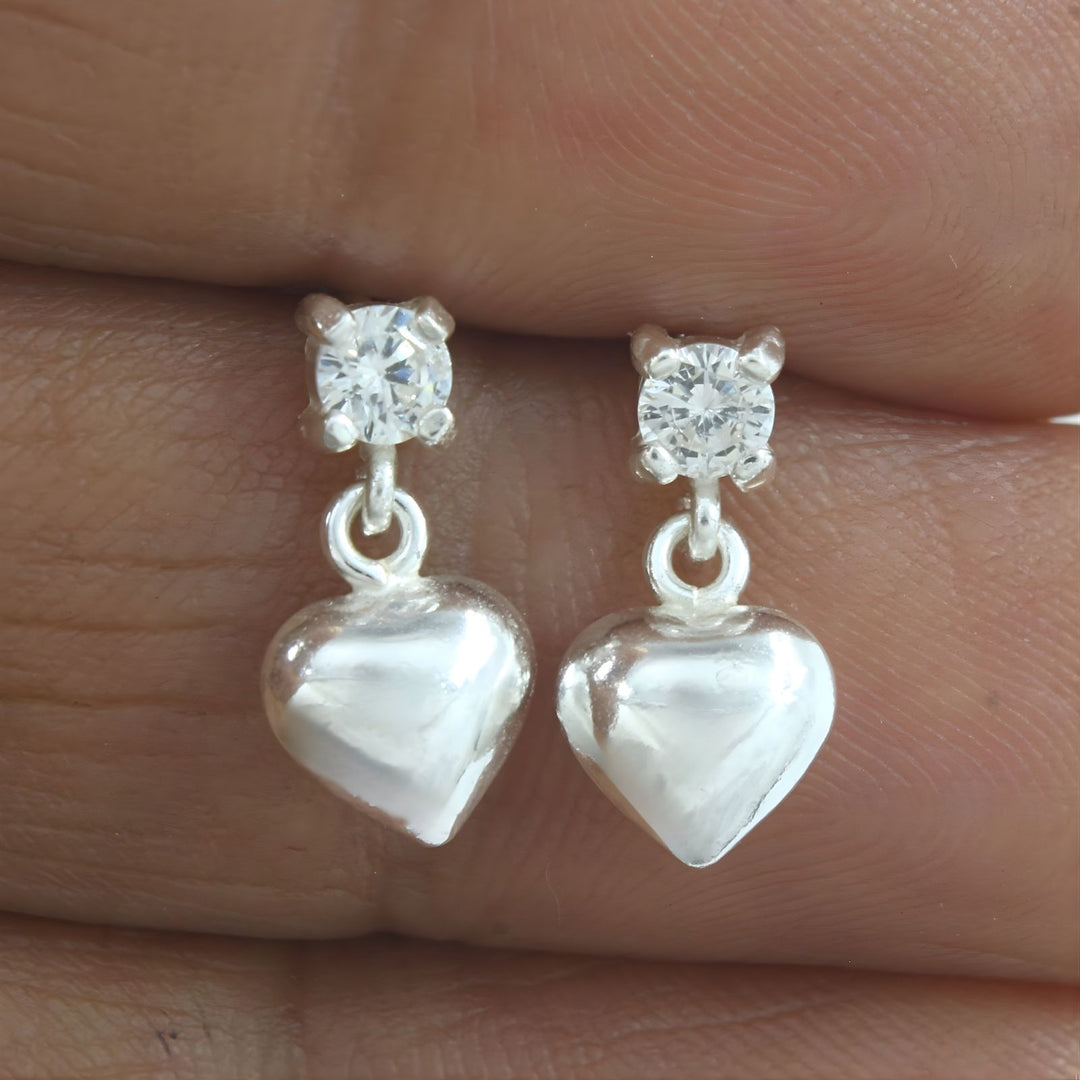 Dainty 925 Real Sterling Silver White CZ Plain Heart Drop stud Earrings - Pair