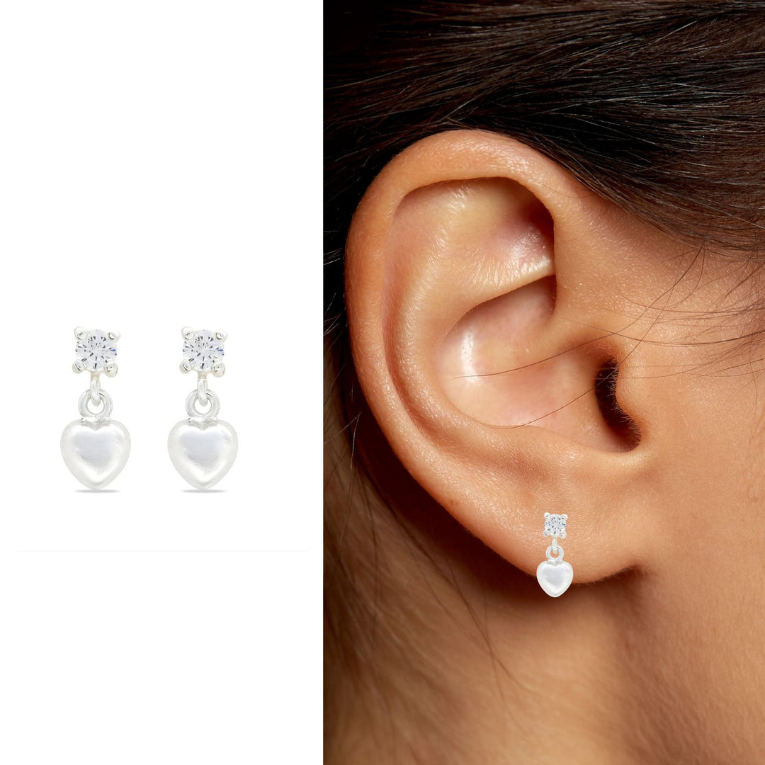 925 Real Sterling Silver White CZ girlish Plain Heart Drop stud Earrings - Pair
