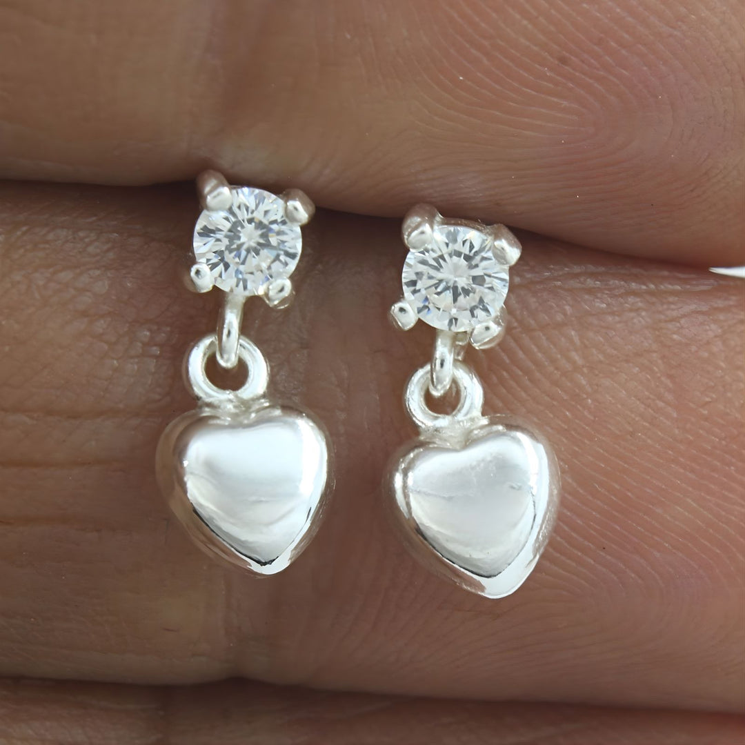 925 Real Sterling Silver White CZ girlish Plain Heart Drop stud Earrings - Pair