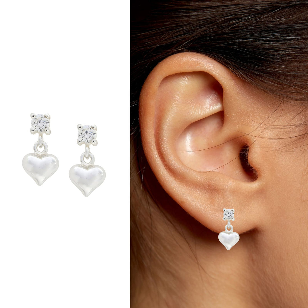Cute 925 Real Sterling Silver White CZ stud Earrings Plain Heart Drop - Pair