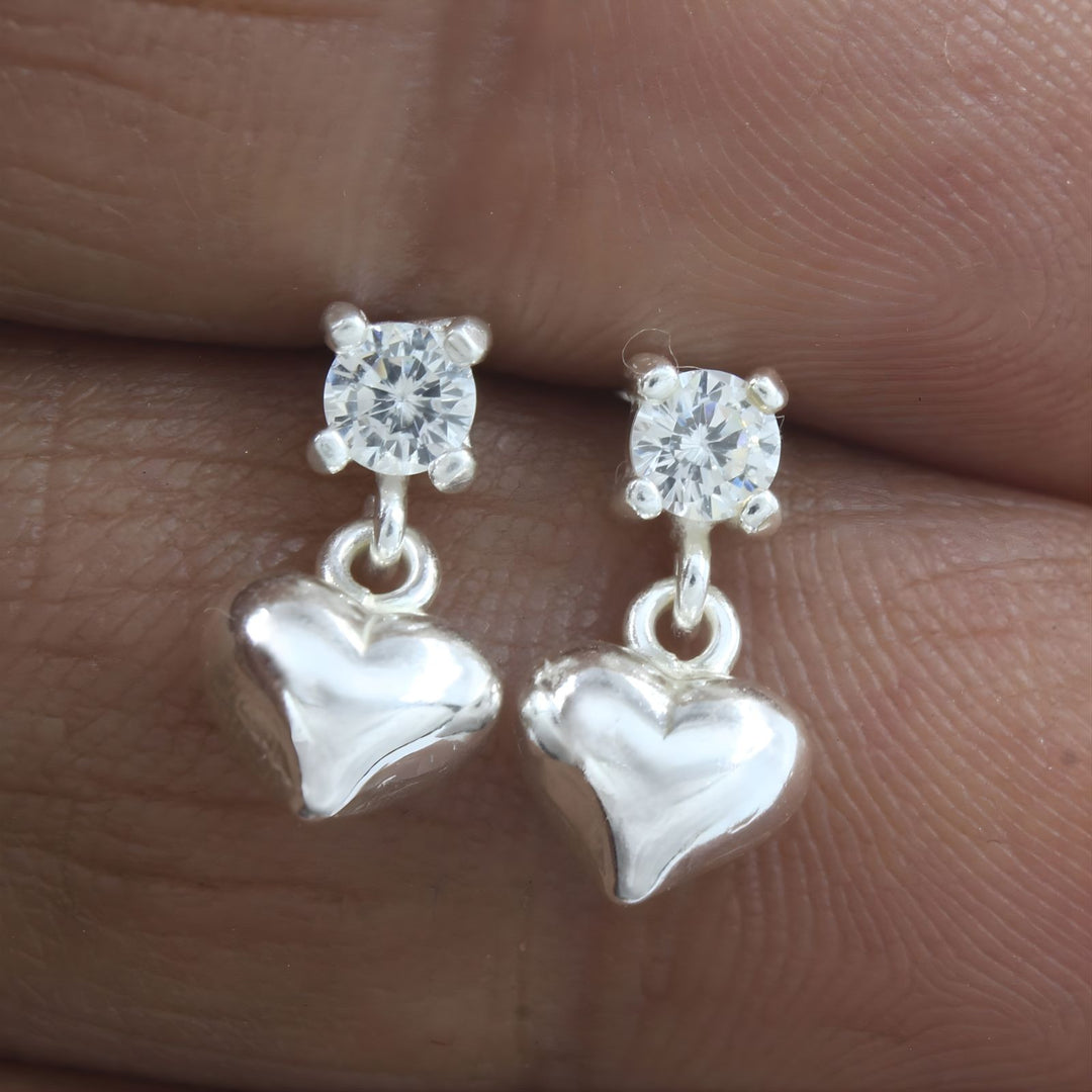 Cute 925 Real Sterling Silver White CZ stud Earrings Plain Heart Drop - Pair