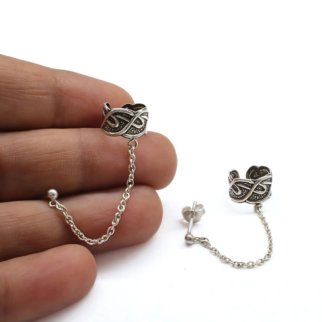 Real Silver Women Oxidized Tribal Chain Ear Cuff Earrings