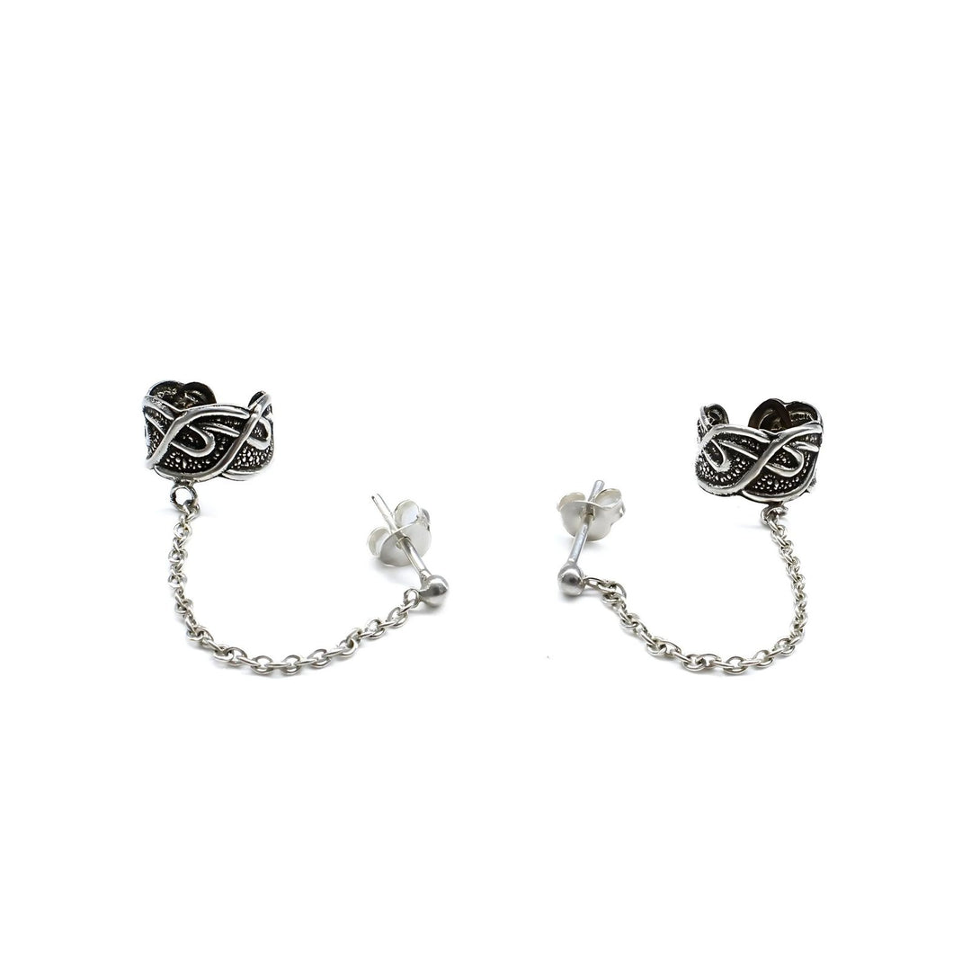Real Silver Women Oxidized Tribal Chain Ear Cuff Earrings