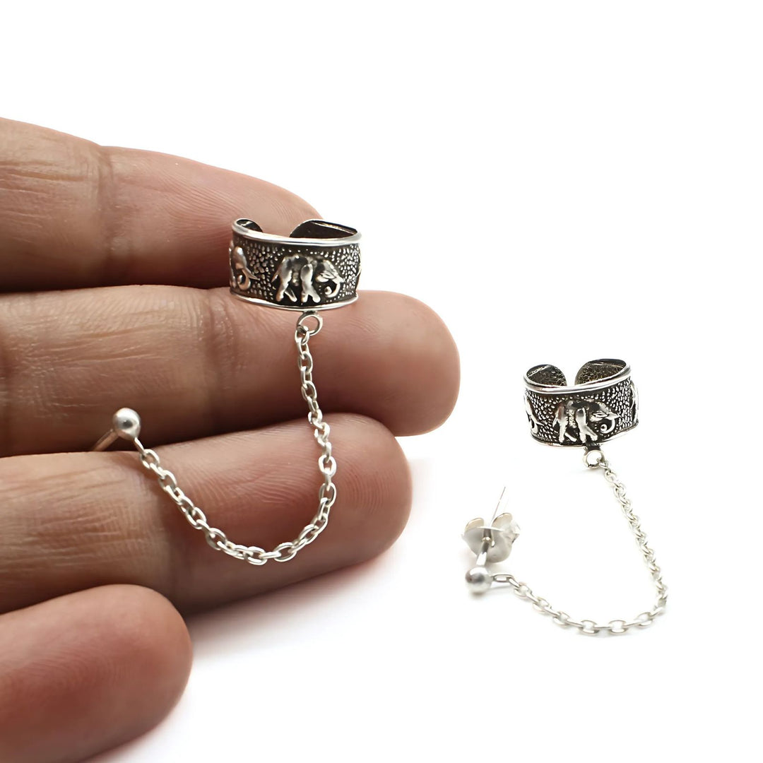 Trendy Real Silver Women Oxidized Ear Cuff With Chain Earrings