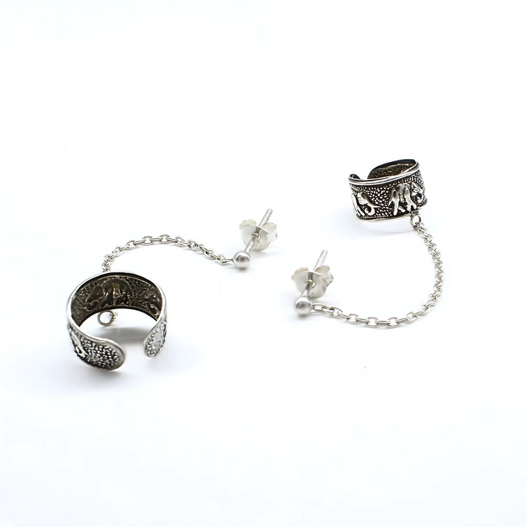Trendy Real Silver Women Oxidized Ear Cuff With Chain Earrings