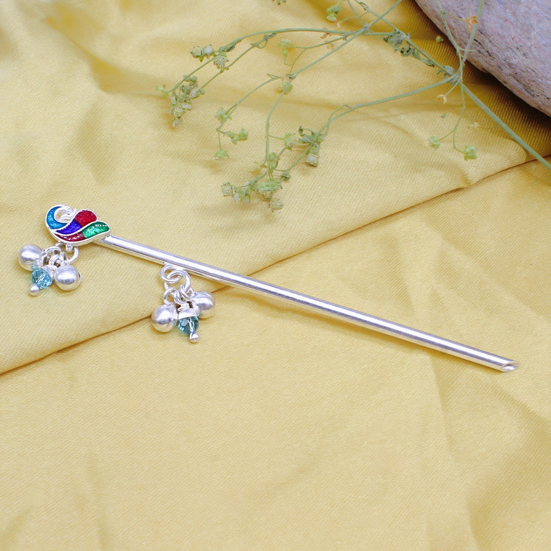 Handcrafted Peacock Meena Silver Flute Basuri Ghungroo Lord Krishna for Pooja