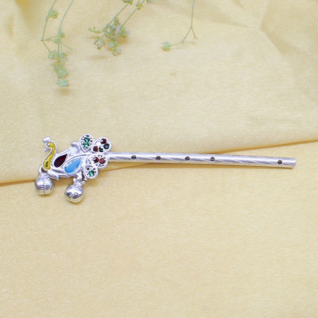 Peacock Design Silver Lord Krishna Flute Basuri for Pooja Use
