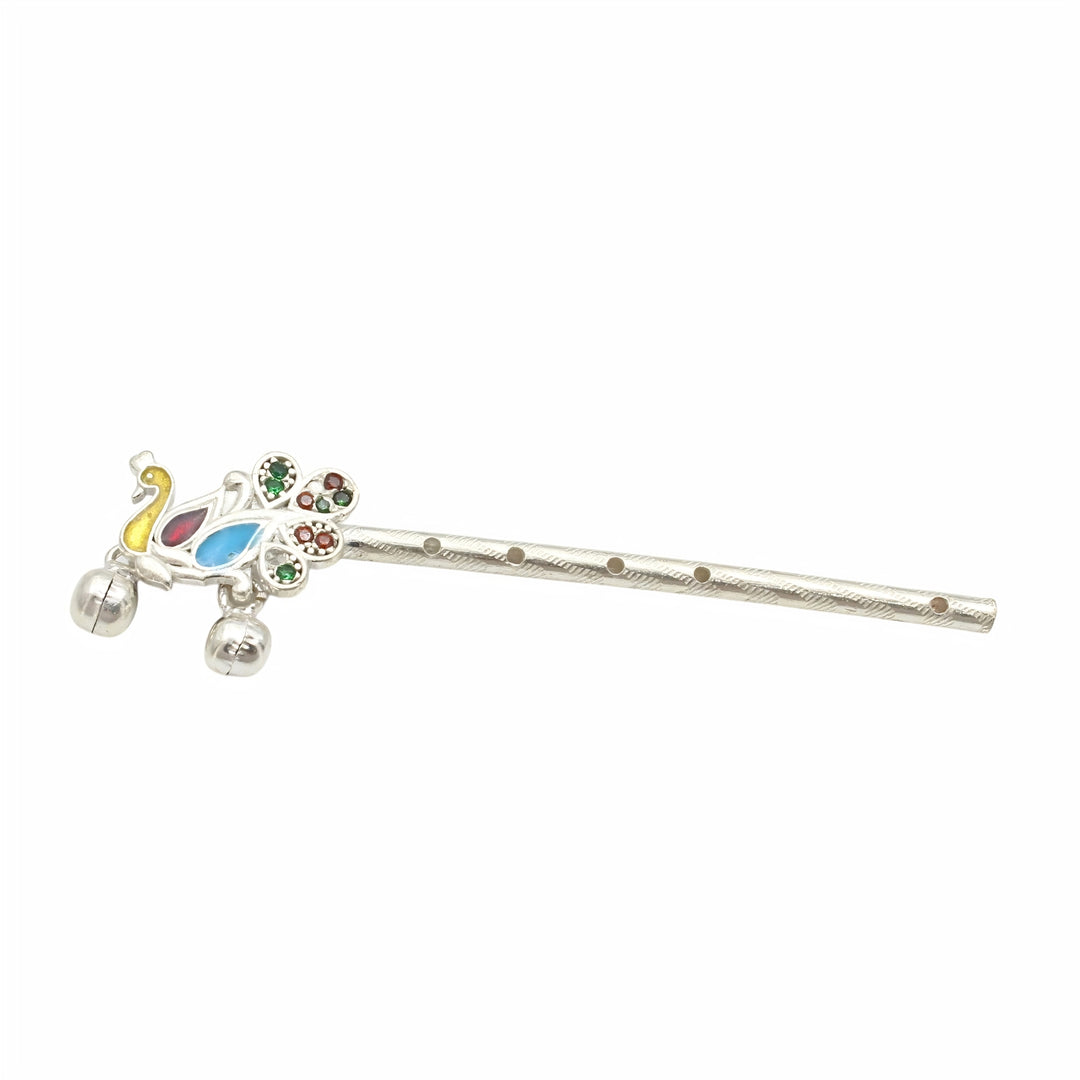 Peacock Design Silver Lord Krishna Flute Basuri for Pooja Use