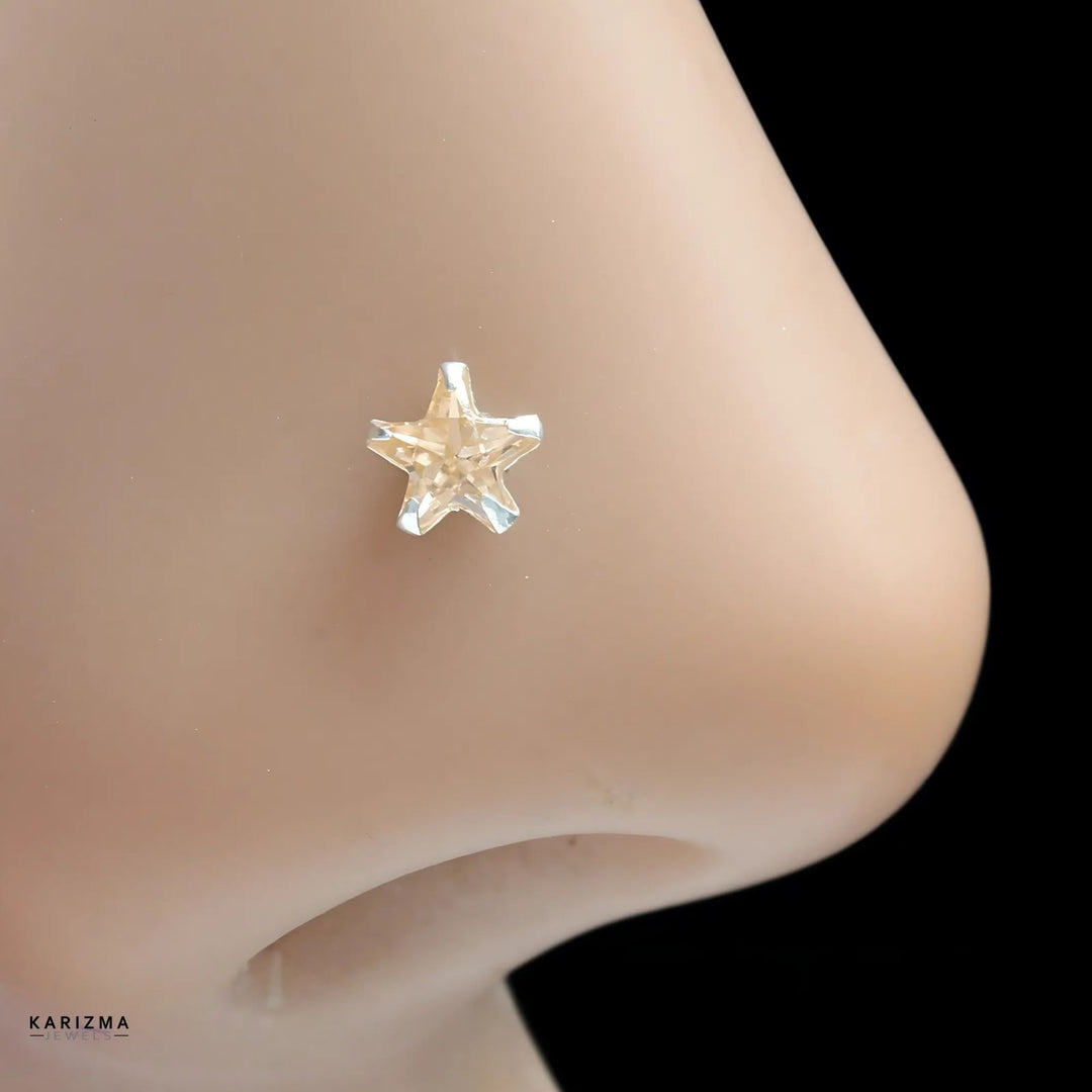 4pc set Silver Star style Nose stud CZ nose ring Push Pin