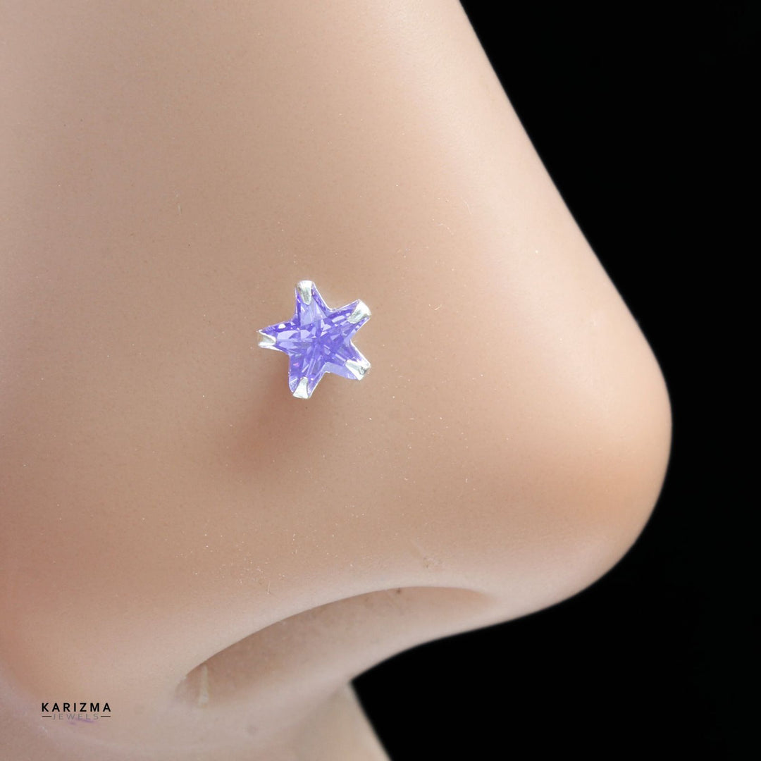 4pc set Silver Star style Nose stud CZ nose ring Push Pin