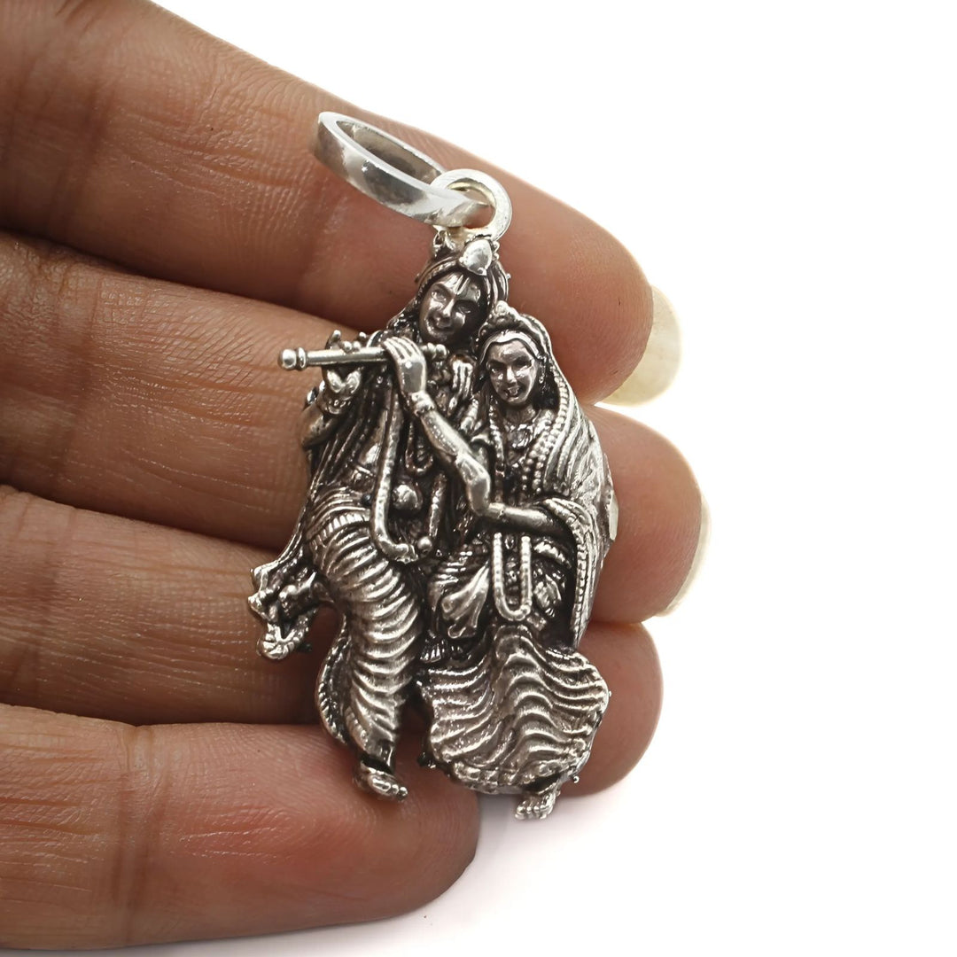 925 Real Sterling Silver Oxidized Antique Design Radha Krishna Pendant