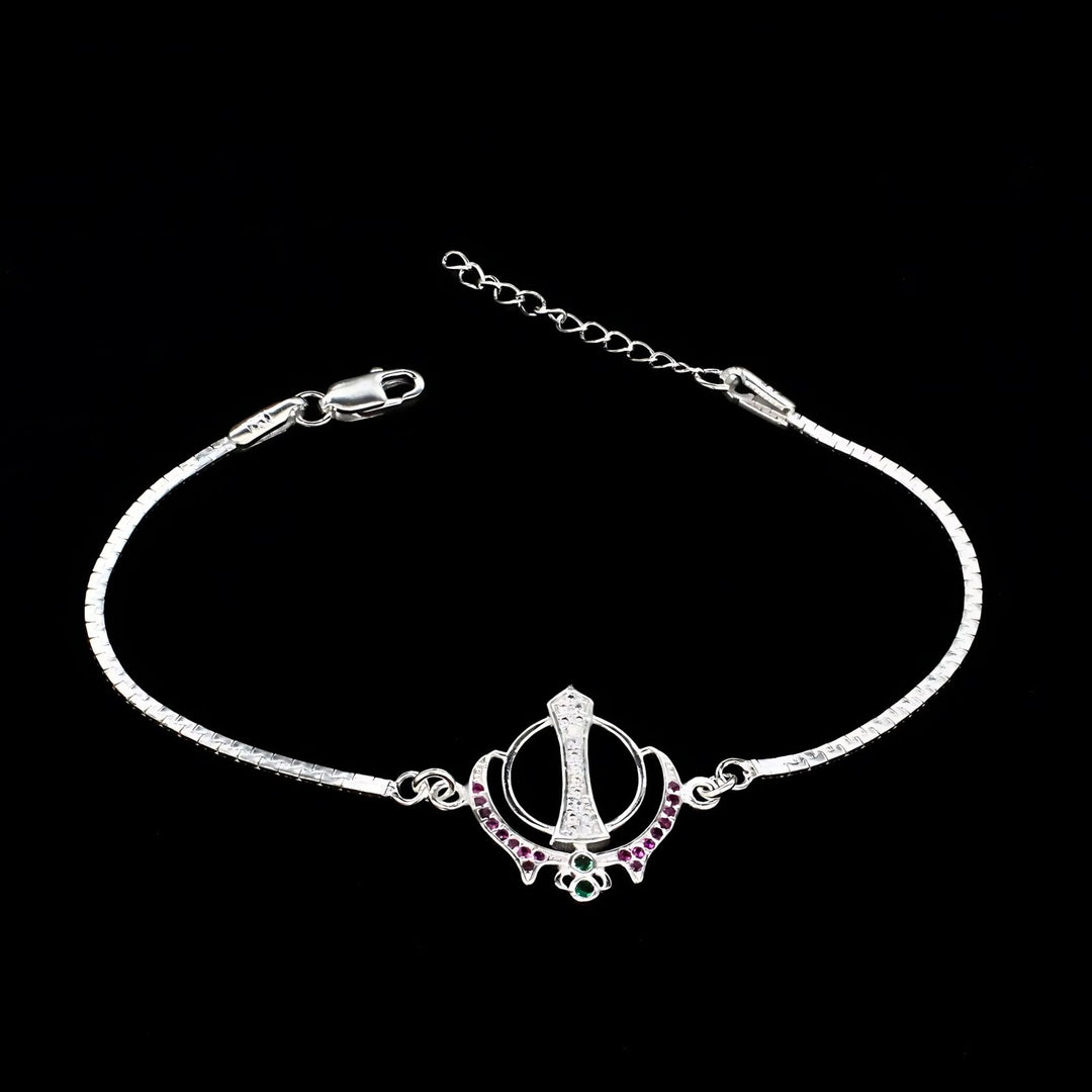 Trendy Real Silver Bracelet Multi CZ khalsa symbol Rakhi 8"