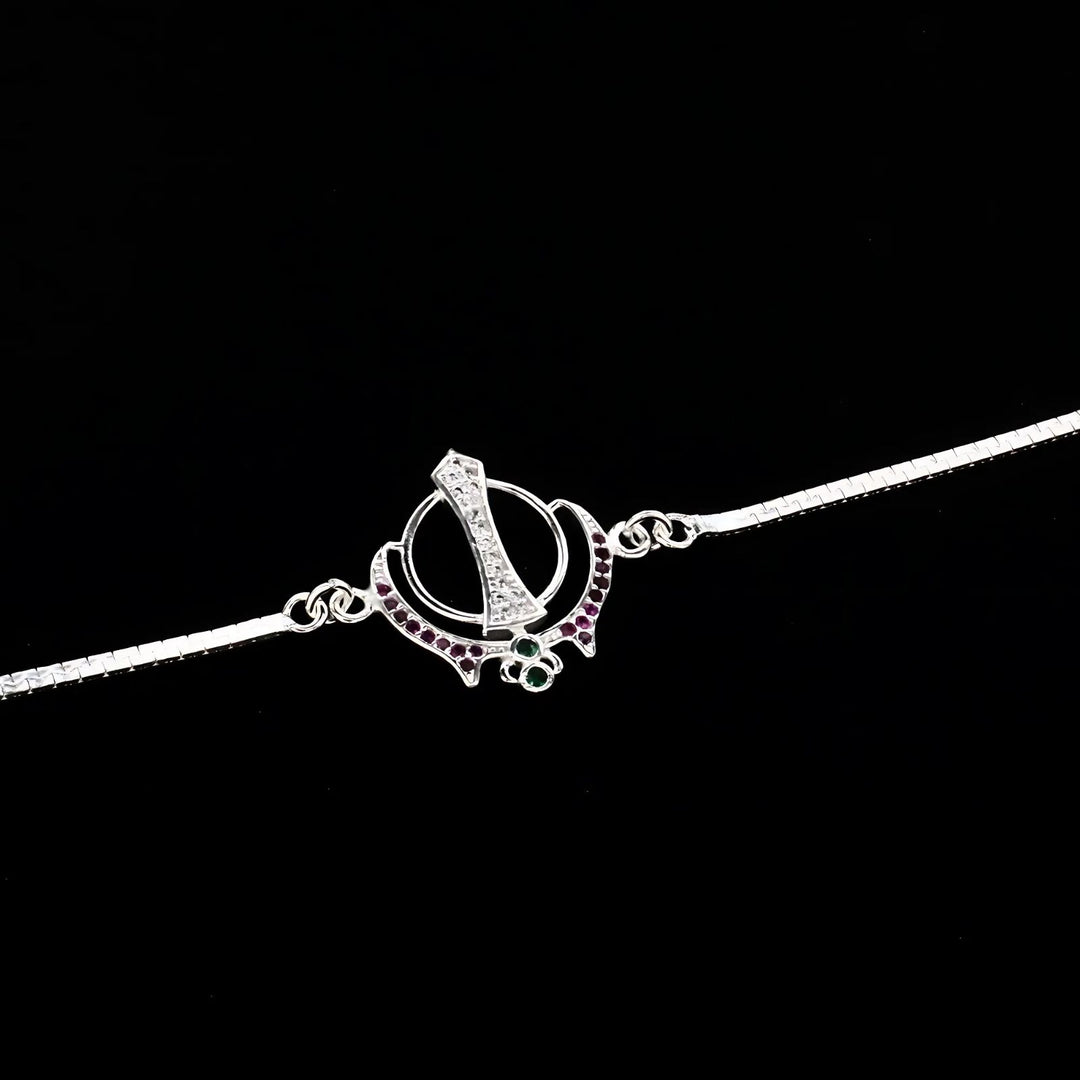 Trendy Real Silver Bracelet Multi CZ khalsa symbol Rakhi 8"