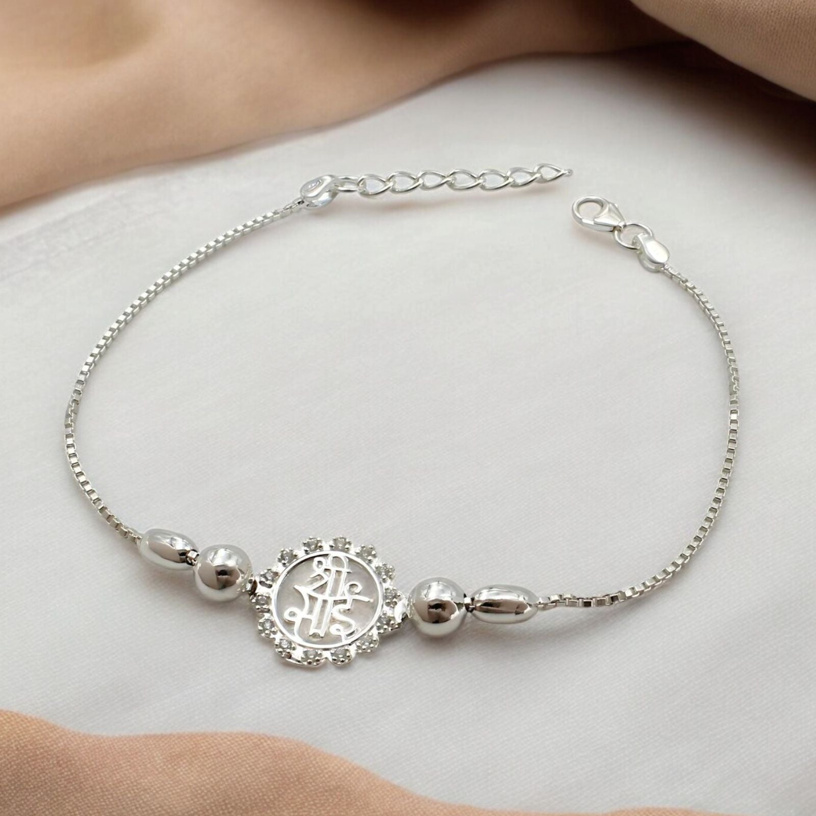 925 Real Sterling Silver Bracelet White cz Shri Sai Rakhi 7.8