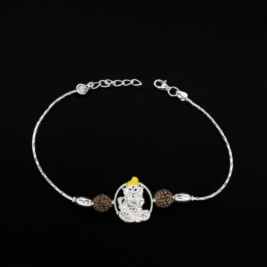 925 Real Sterling Silver Bracelet Rudraksha Ganesha Rakhi 7.5"