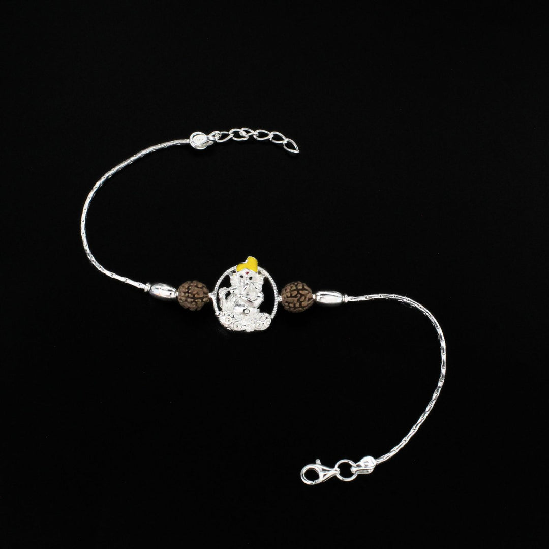 925 Real Sterling Silver Bracelet Rudraksha Ganesha Rakhi 7.5"