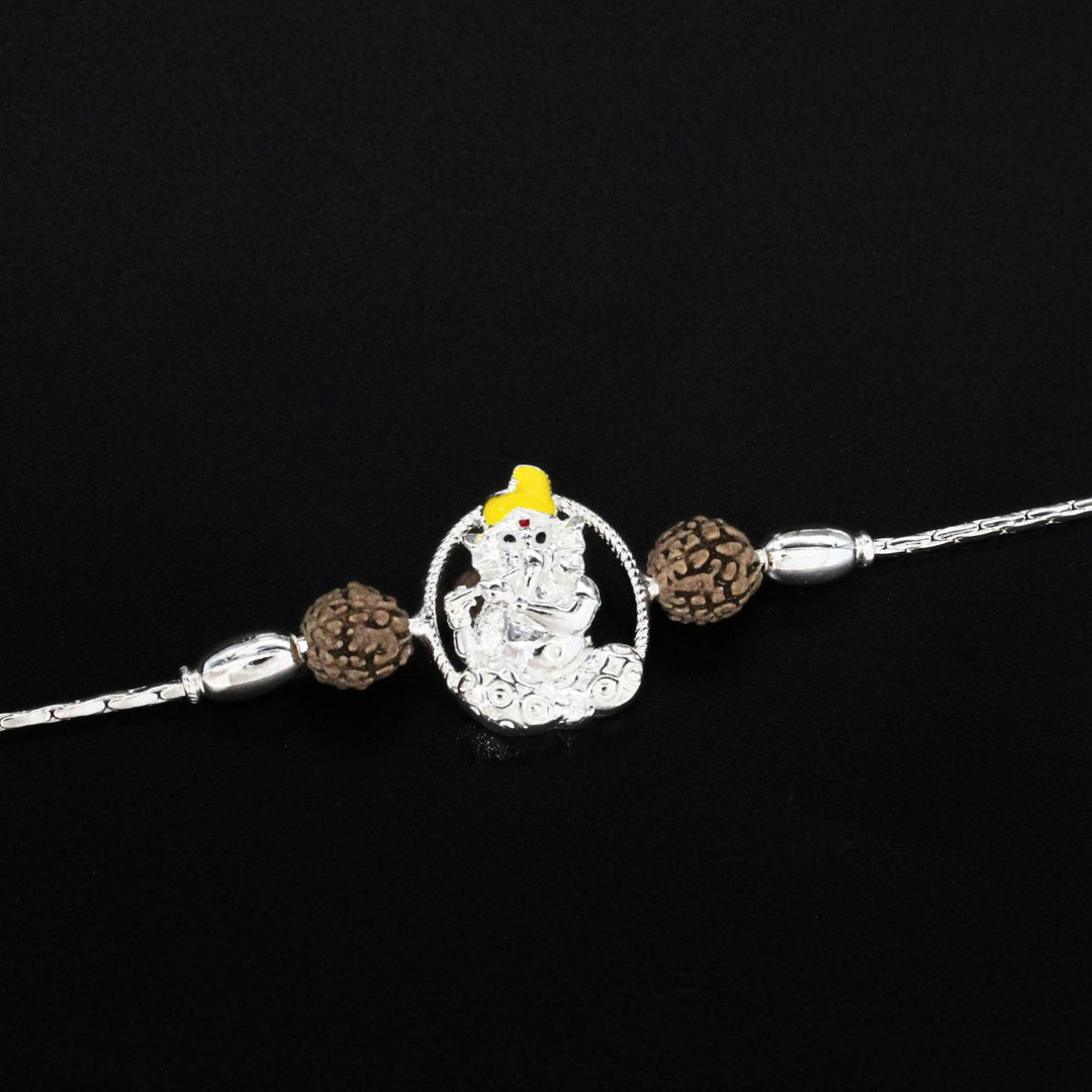925 Real Sterling Silver Bracelet Rudraksha Ganesha Rakhi 7.5"