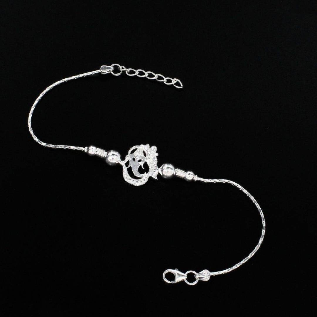 925 Real Sterling Silver Bracelet White cz Ganesha Rakhi  7.5"