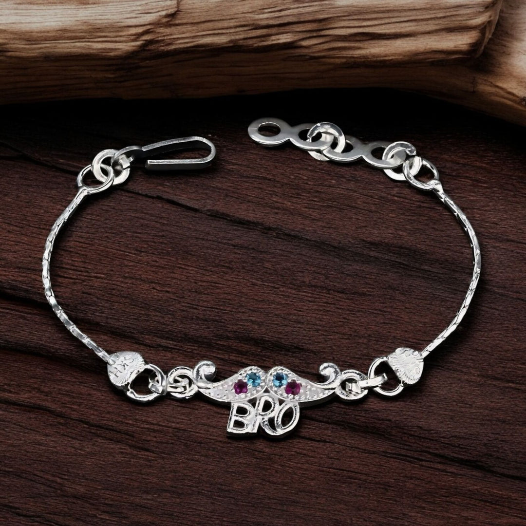 Unique Real Silver Bracelet CZ Kids Bro Moustache Rakhi 5"
