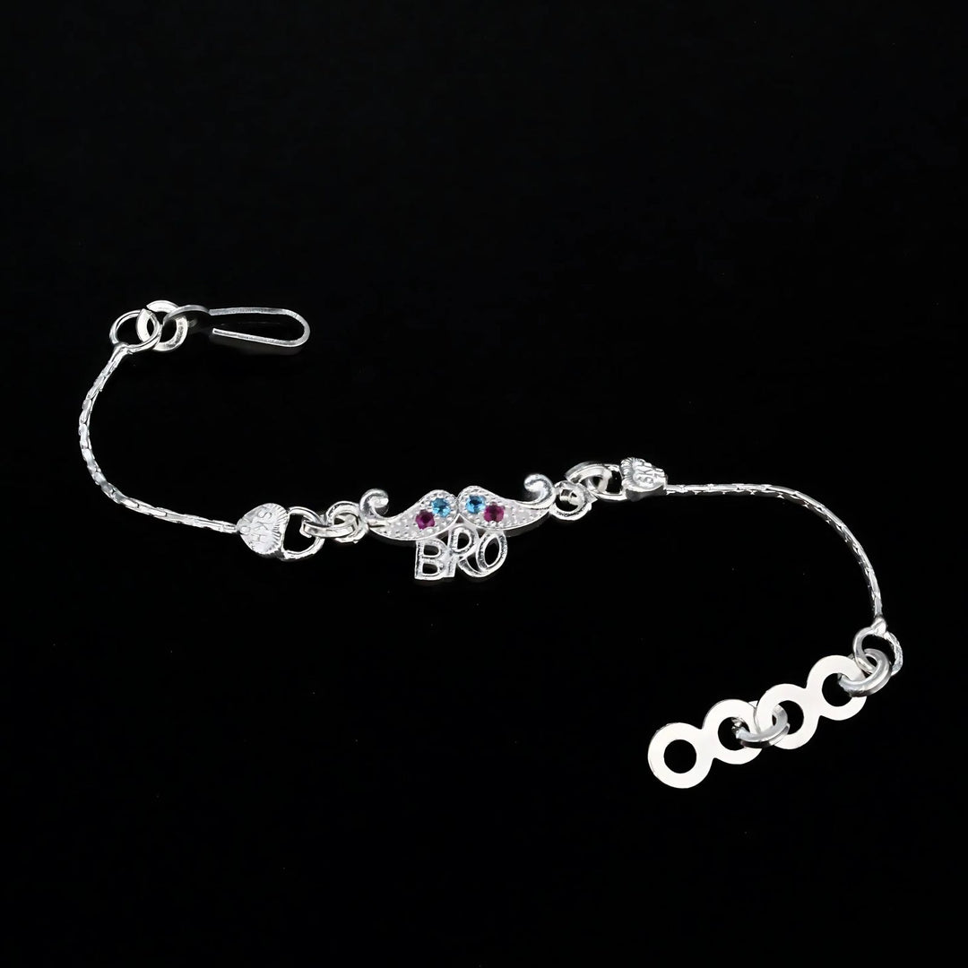 Unique Real Silver Bracelet CZ Kids Bro Moustache Rakhi 5"