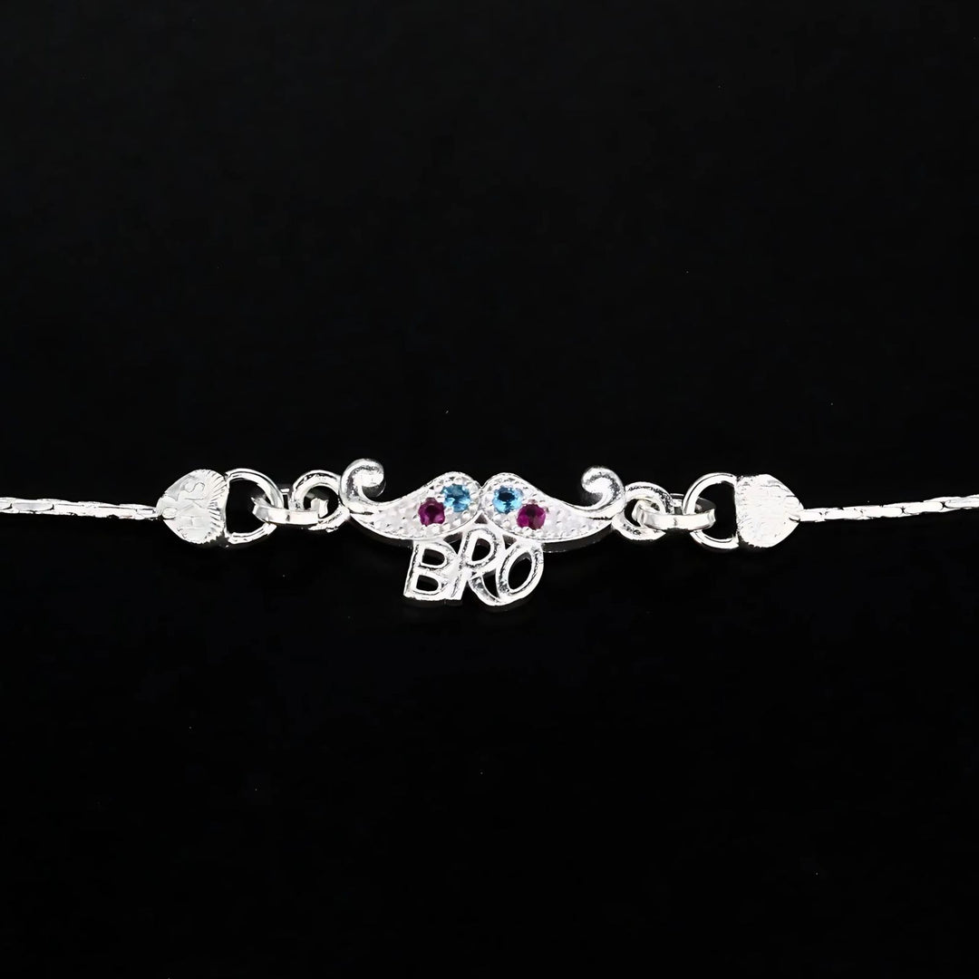 Unique Real Silver Bracelet CZ Kids Bro Moustache Rakhi 5"