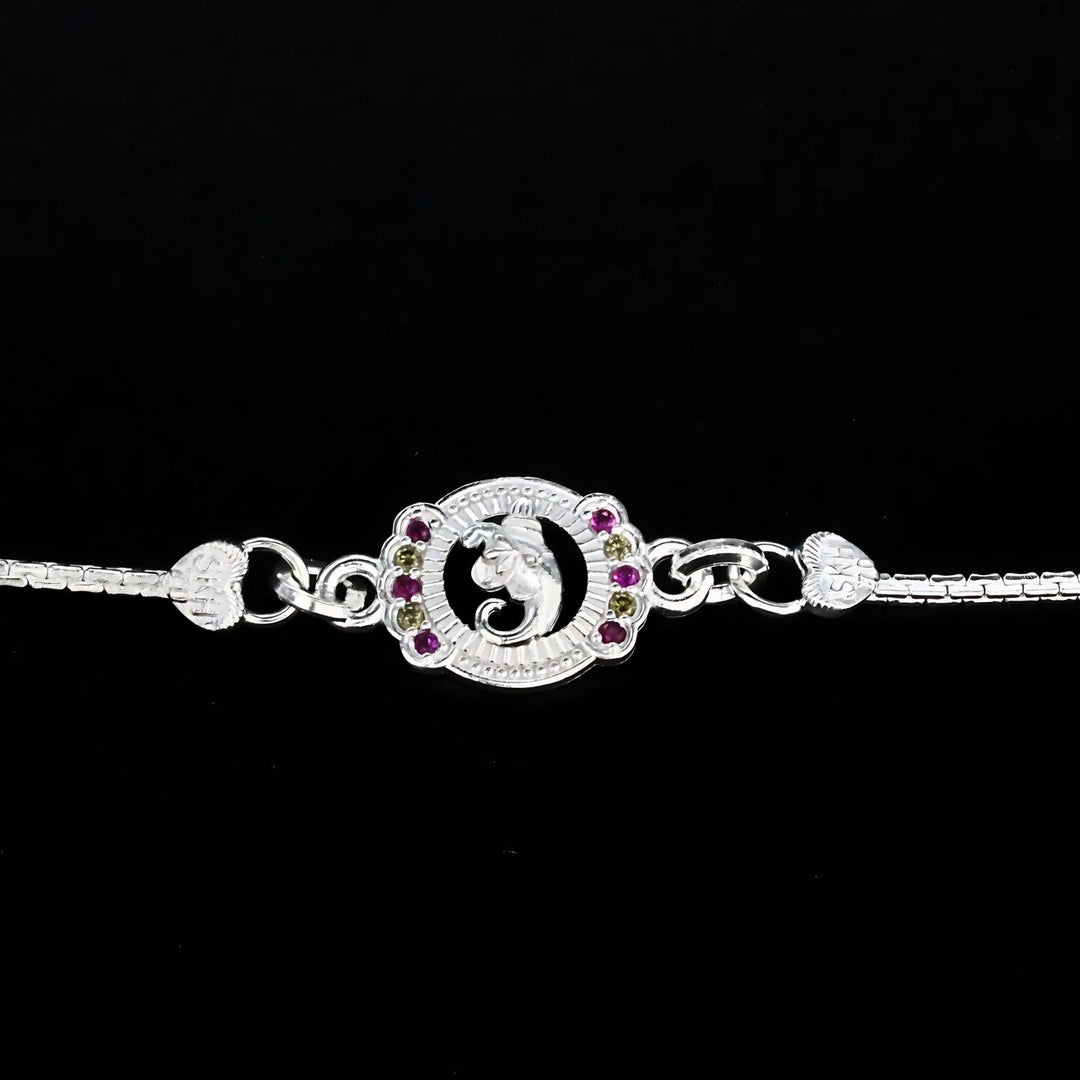 Real Silver Bracelet Multi CZ Ganesha Rakhi 5.8"