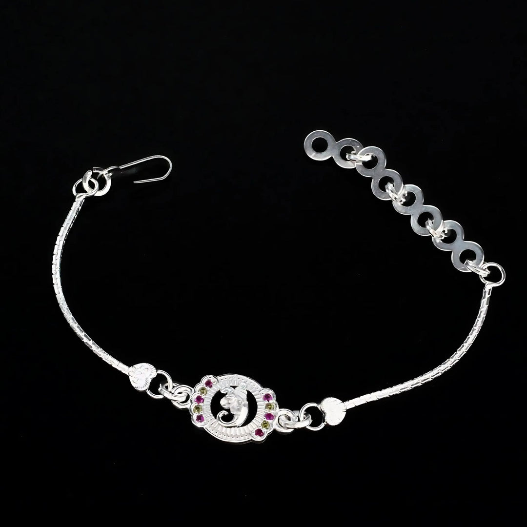 Real Silver Bracelet Multi CZ Ganesha Rakhi 5.8"