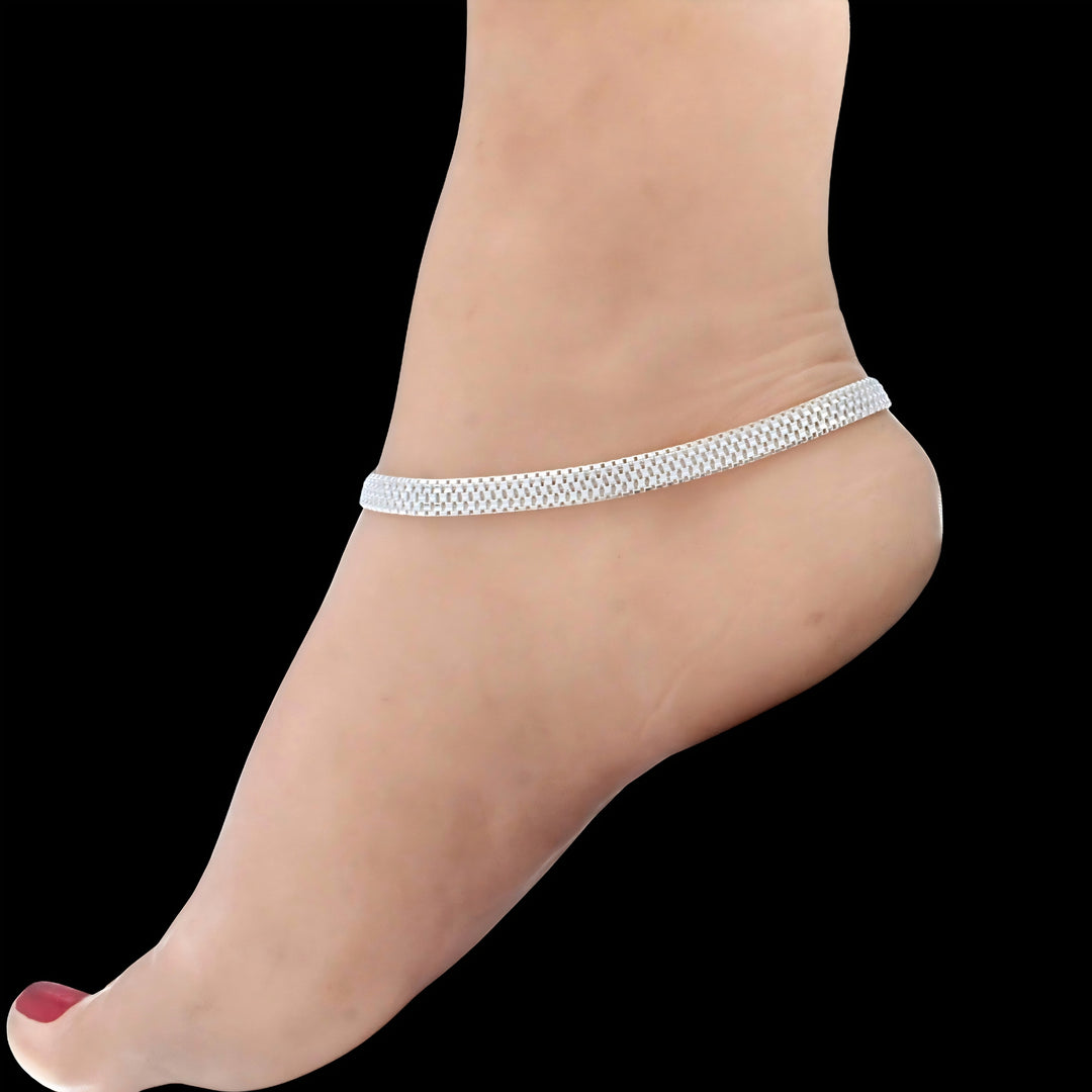 925 Real Silver Women Flat Mesh Chain Anklet - 10.3 in