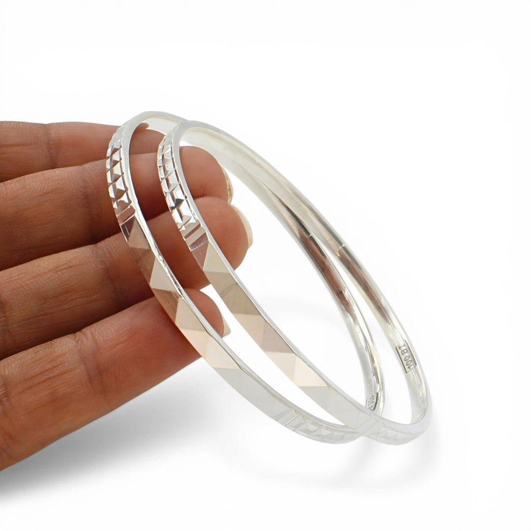 999 Pure Silver women Cultural Design Bangles Bracelet (Kangan) Pair - 6.4 CM