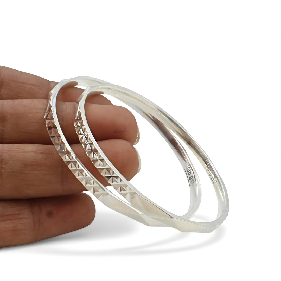 999 Pure Silver women diamond-cut Bangles Bracelet (Kangan) Pair - 5.5 CM