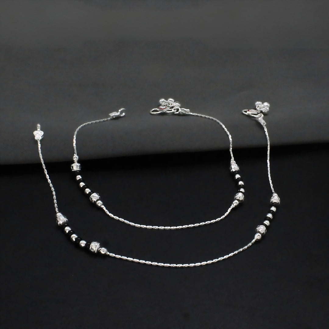 Elegant Real Silver Black Beads Anklet Pair 10 Inch Daily Wear