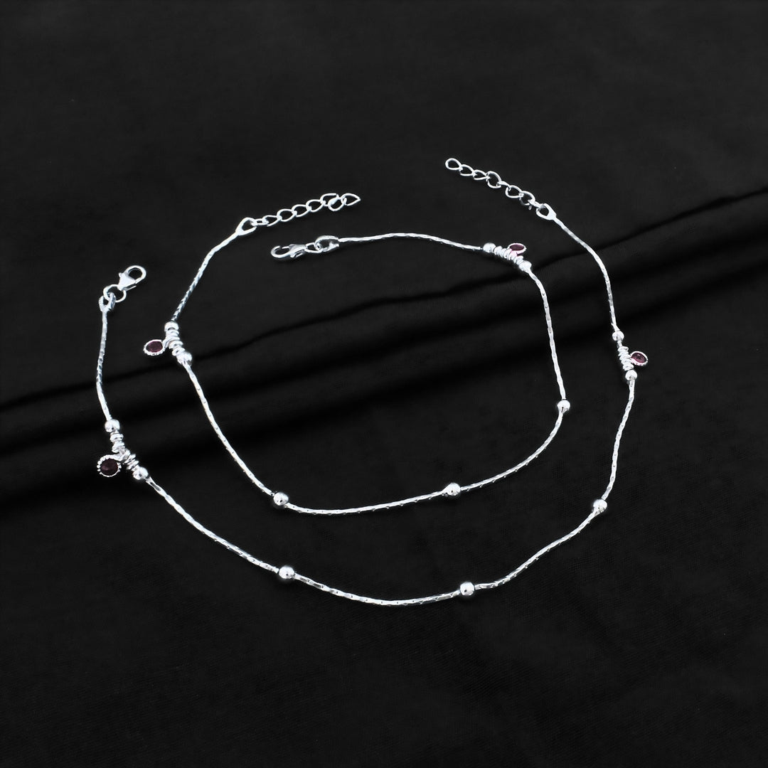 Beach Wear Real Silver Silver Ball Design Anklet - Pair