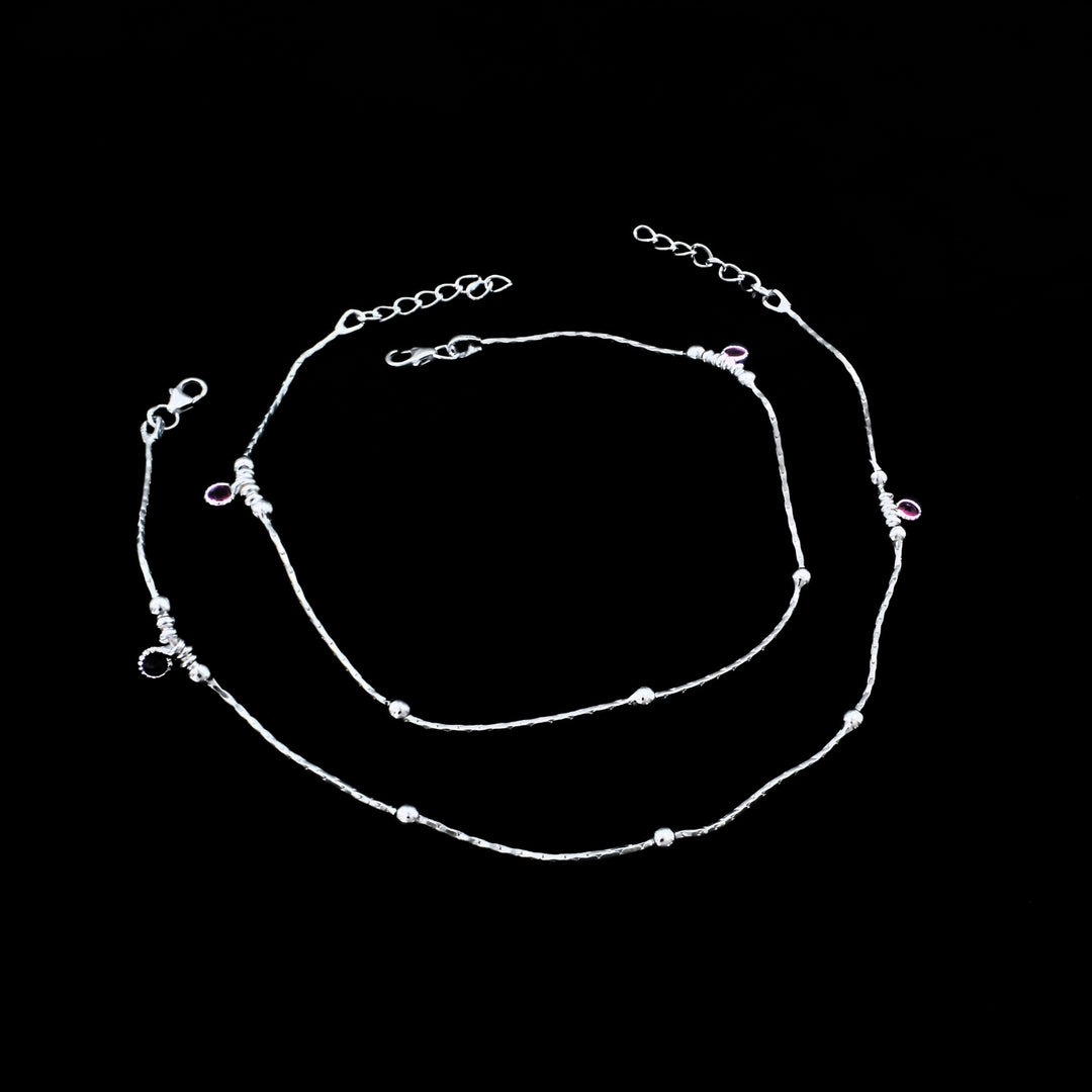 Beach Wear Real Silver Silver Ball Design Anklet - Pair