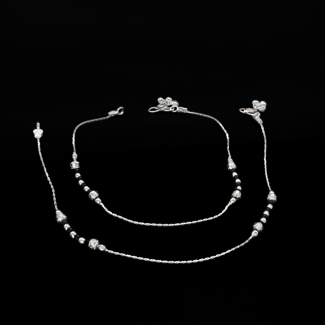 Elegant Real Silver Black Beads Anklet Pair 10 Inch Daily Wear