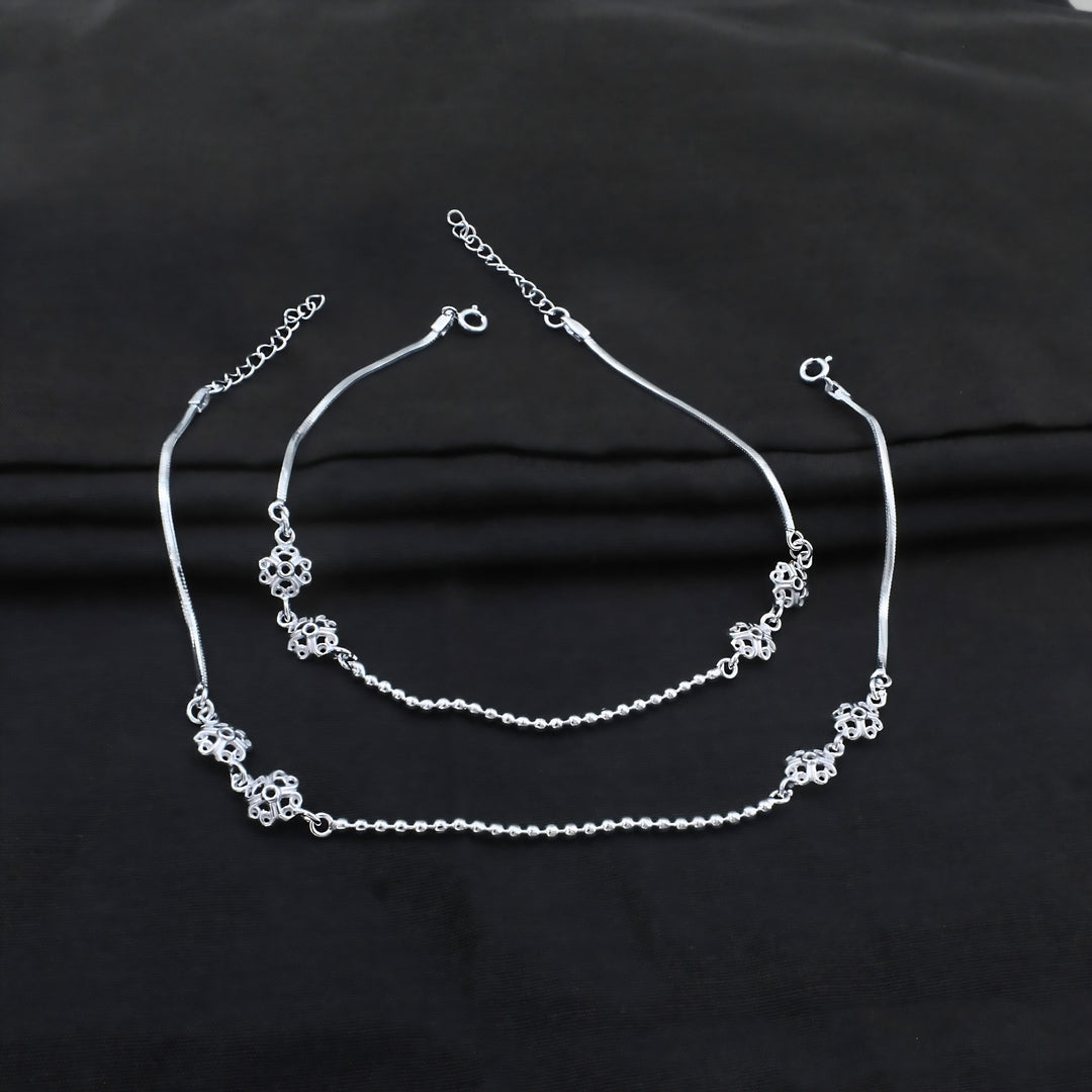 Real Silver Filigree Flower and Ball Chain Anklet - Pair
