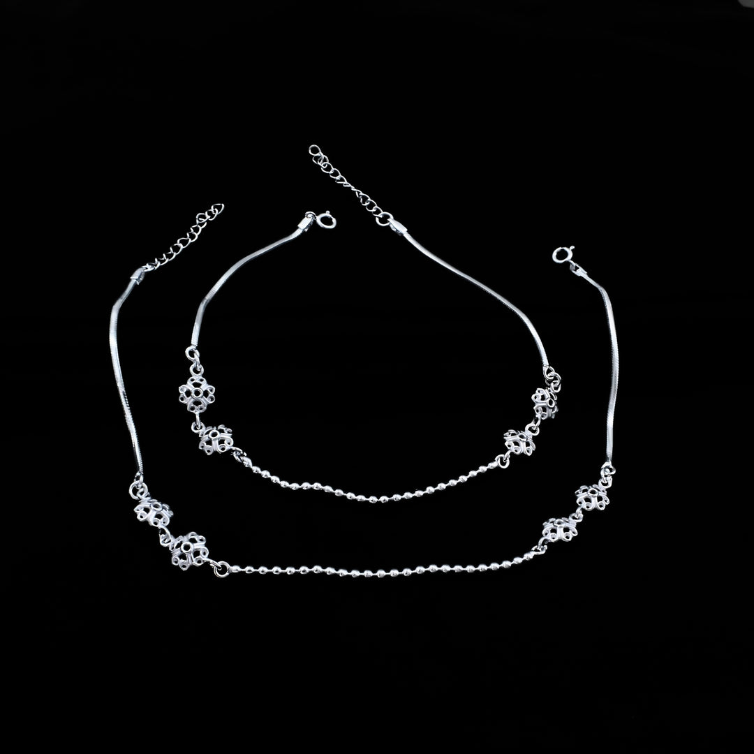 Real Silver Filigree Flower and Ball Chain Anklet - Pair