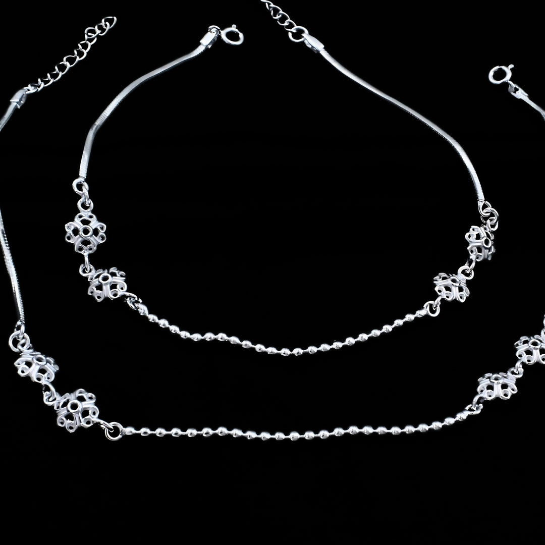 Real Silver Filigree Flower and Ball Chain Anklet - Pair