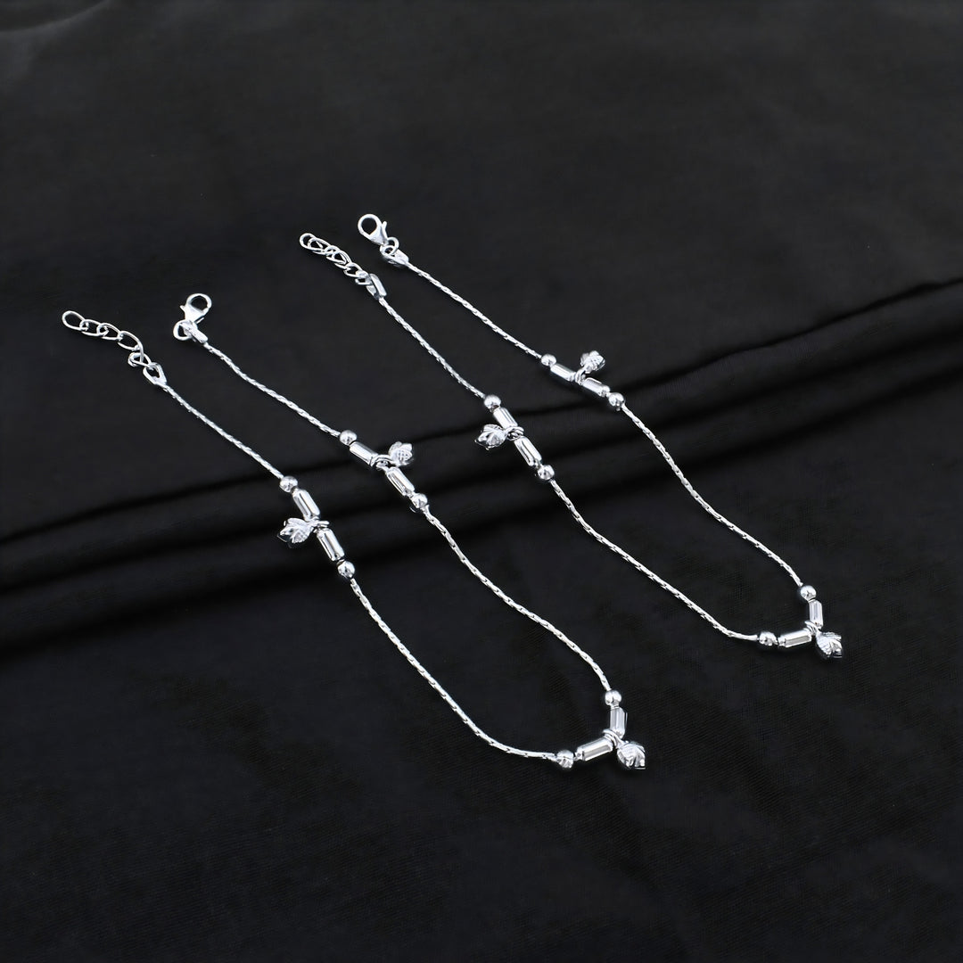 Real Silver Leaf Charm Beaded Anklet - Pair
