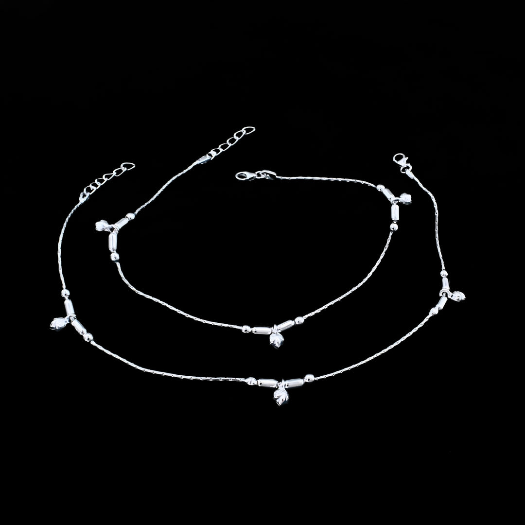 Real Silver Leaf Charm Beaded Anklet - Pair