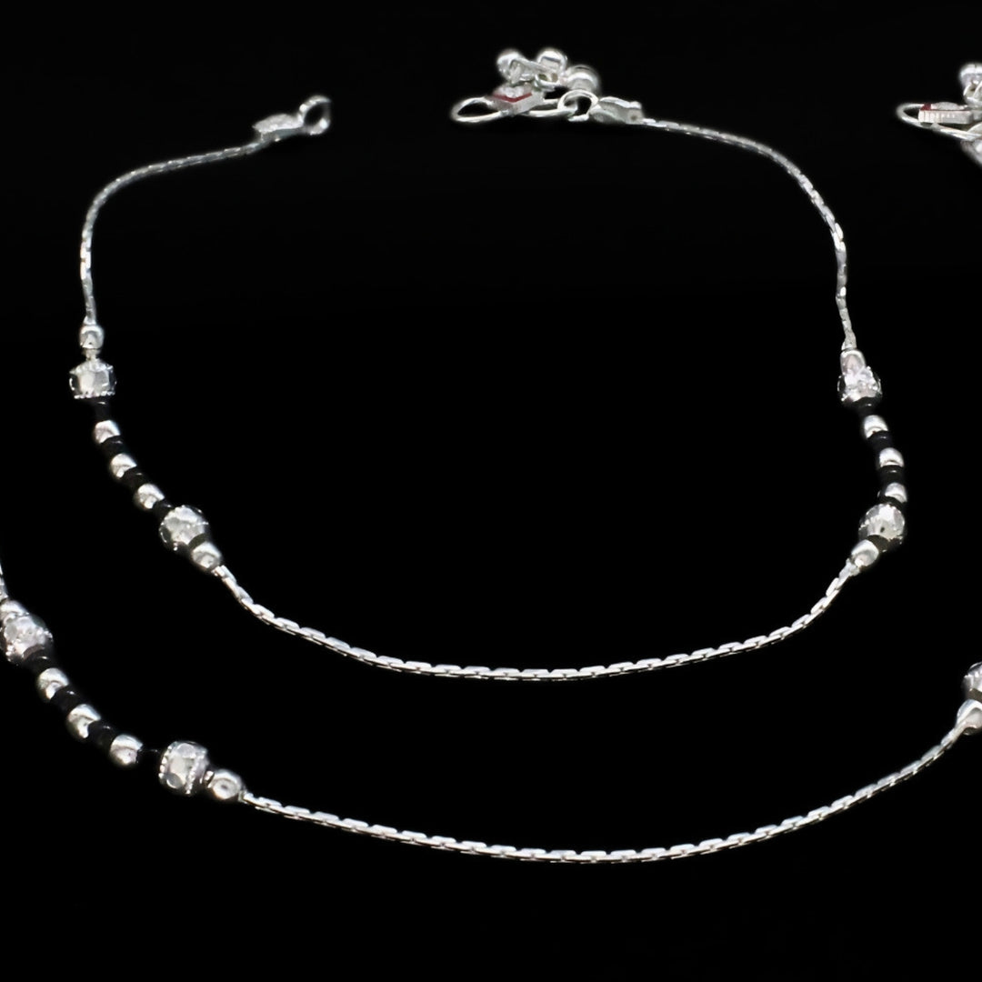 Elegant Real Silver Black Beads Anklet Pair 10 Inch Daily Wear